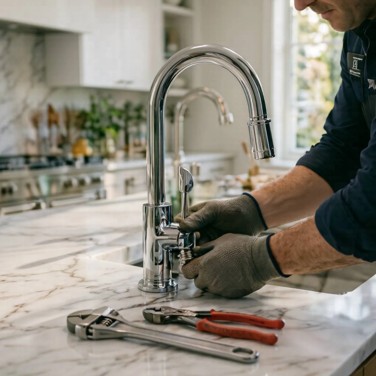 Leaky faucet repair services Hayward California - Dripping chrome tap on marble sink