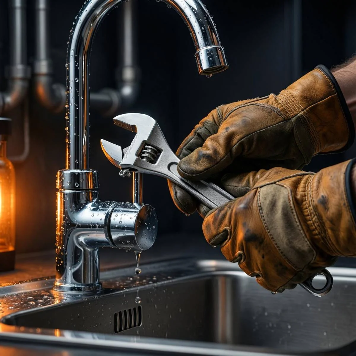 Close up of a new bathroom faucet installation